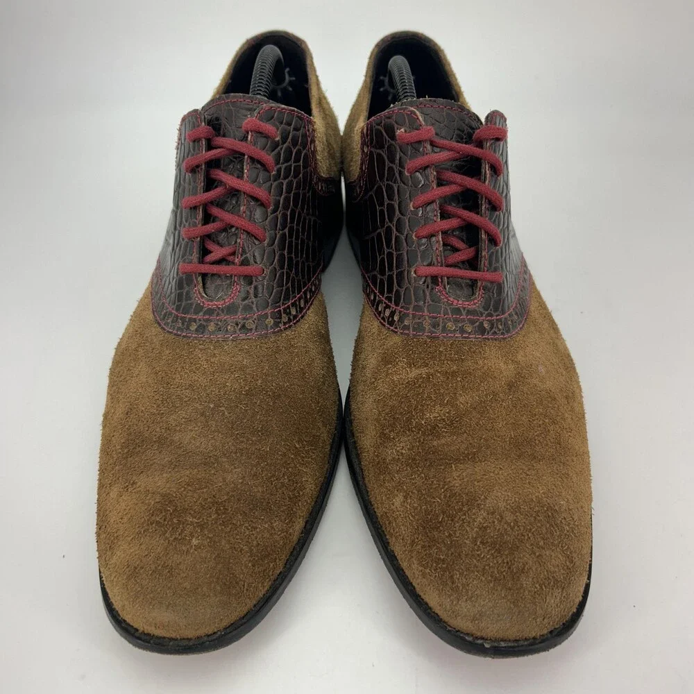 Cole Haan Shoes Mens Size 12 Brown Croc Embossed Leather Suede Oxford Studded